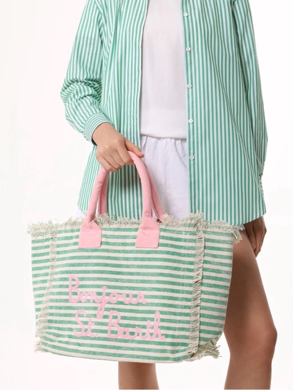 MC2 Saint Barth Green-and-White Striped Tote with Pink Handles